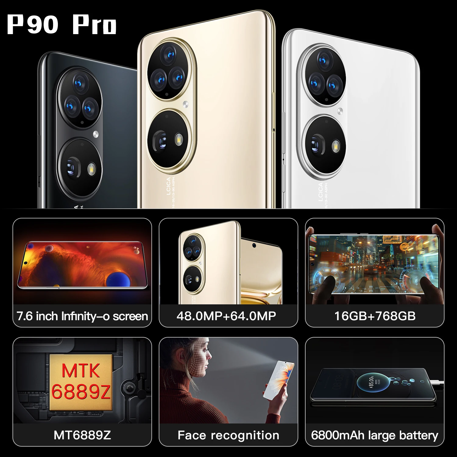 Оригинальный смартфон P90 Pro 16 ГБ ОЗУ 768 Гб ПЗУ 7 6 дюйма настоящий перфорированный HD