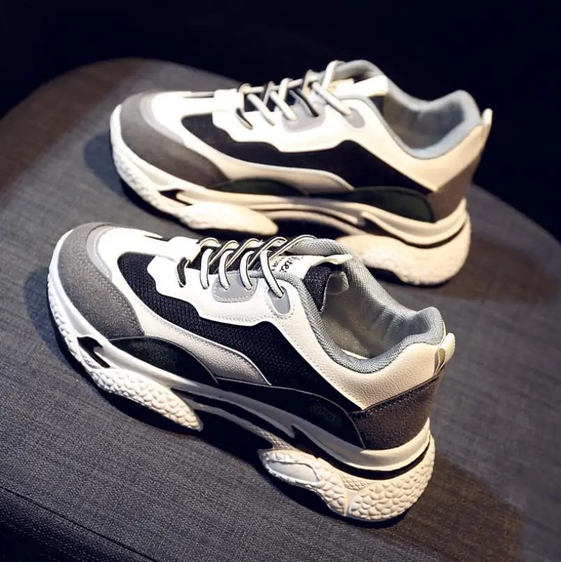 

2020 Women's Chunky Sneakers Mixed Colors Vulcanize Shoes Fashion Split PU Leather Platform Women Casual Lace-up Shoes