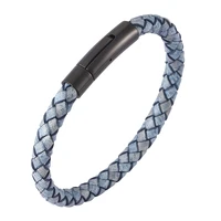 trendy jewelry men women blue braided leather bracelet male female leather bangle stainless steel clasp unisex wristband sp0466