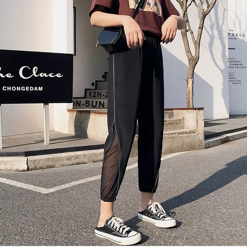 

harem Pants Elastic Waist Casual Ladies' Trousers Splicing Pocket Side Bright Silk Sexy Pant 2021 Summer Female Sports Trouser