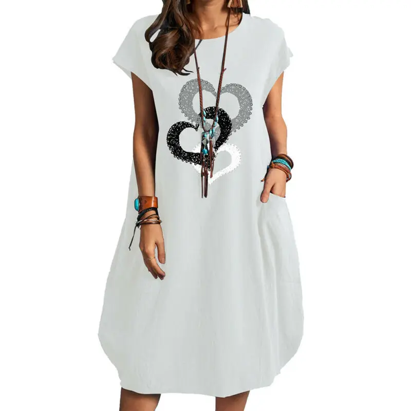 

VICABO Women Dress 2021 Short Sleeve Baggy Pockets Midi Sundress Casual Pullover Robe Mujer Woman Dress