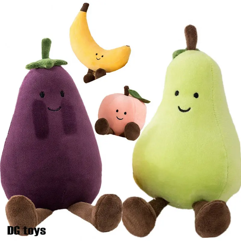 Cute Face Vegetable Eggplant Plushie Doll Stuffed Soft Fruit Pear Peach Tangerinr Banana Baby Appease Toy for Kids Birthday Gift