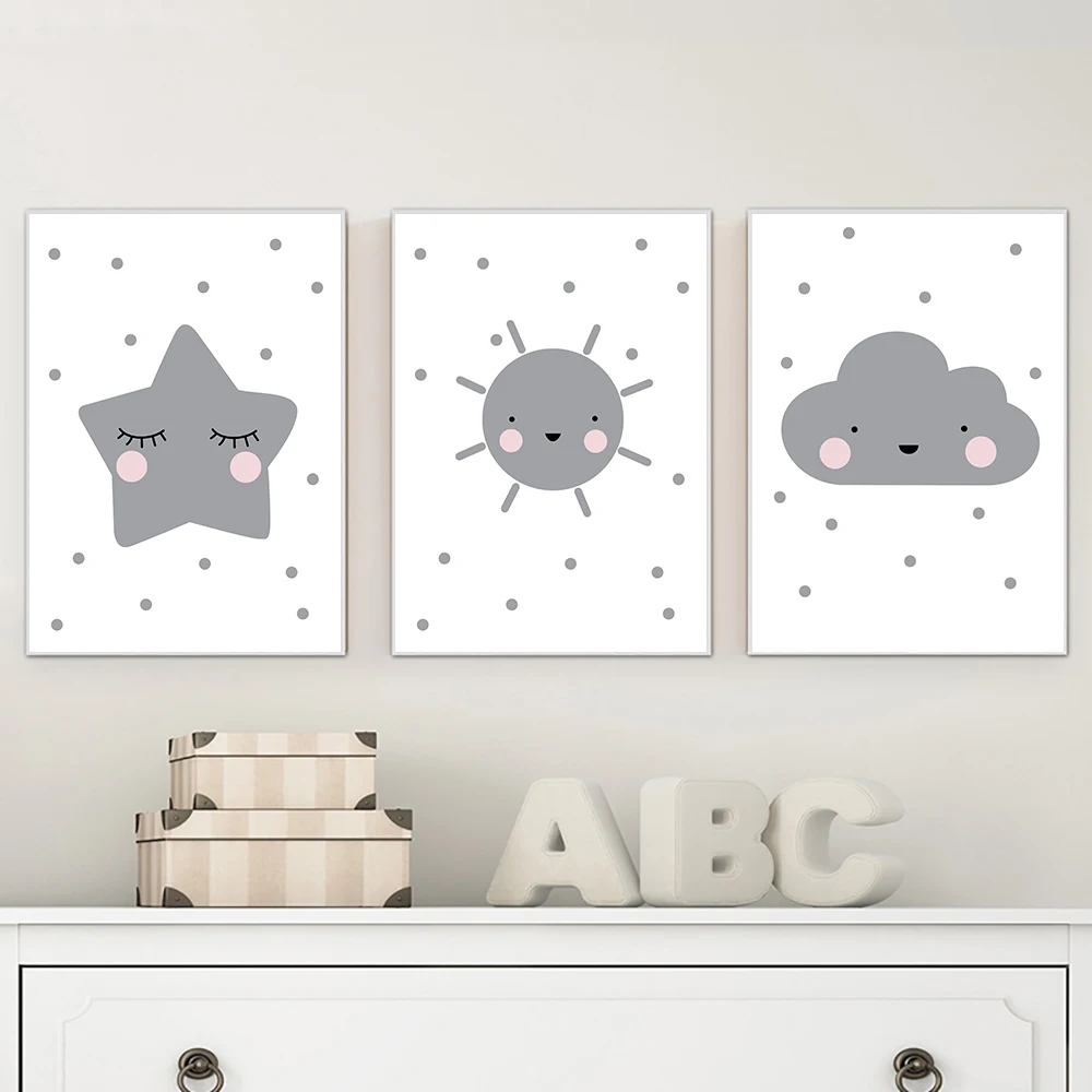 Серая луна облако солнце холст с принтом настенная живопись детский постер