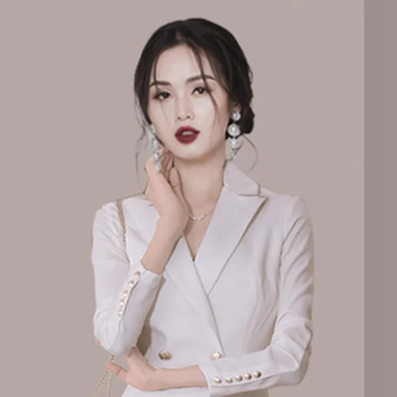 Autumn Fashion Blazer Women Temperament Double-breasted Lapel Long Sleeve Pleated Blazers OL Occupation Jacket Coat