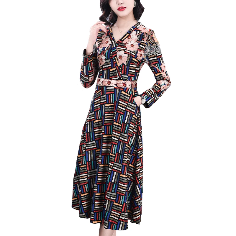 

2021 Spring Autumn Vintage Print Dress 3XL Plus Size Knitting Floral Casual Long Sleeve Midi Dress Women Bodycon Elegant Vestido