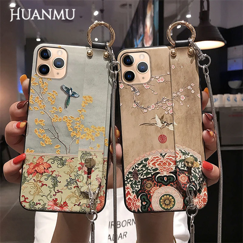 

2021 New Chinese Style Magpie Original Painted Phone Case With Wristband Strap for iPhone 11Pro Max 7/6/X/XR/XS 12 Pro Max mini