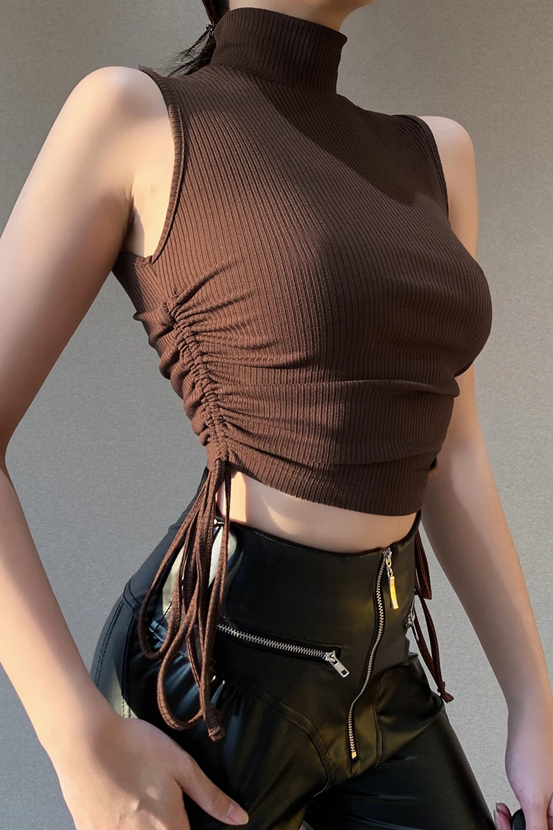 

Temperament high-necked vest female European ins pleated draw rope repair height waist open umbilical design sense top