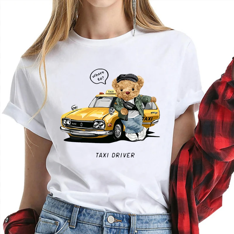 

2021 Popular Tide Brand Bear T Shirt Fashionable Taxi Teddy Bear Design Loose Men Women Short-Sleeve Tee Lovers Clothing