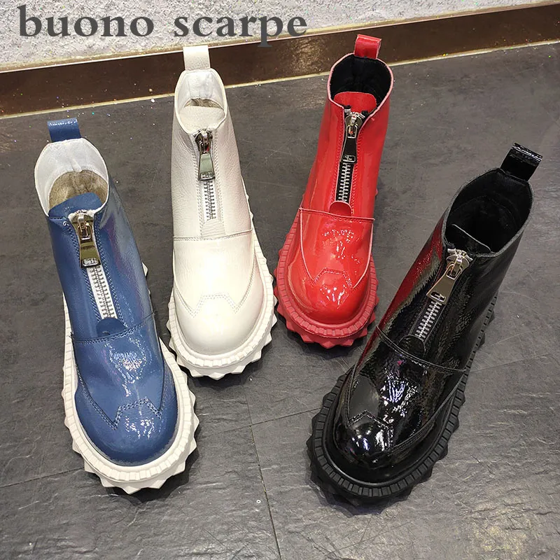 Женские кожаные сапоги ярких цветов с круглым носком и молнией спереди Сапоги