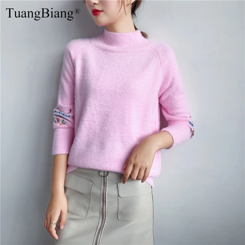 Норковые кашемировые толстые пуловеры с вышивкой для девушек 2019 свитер высоким