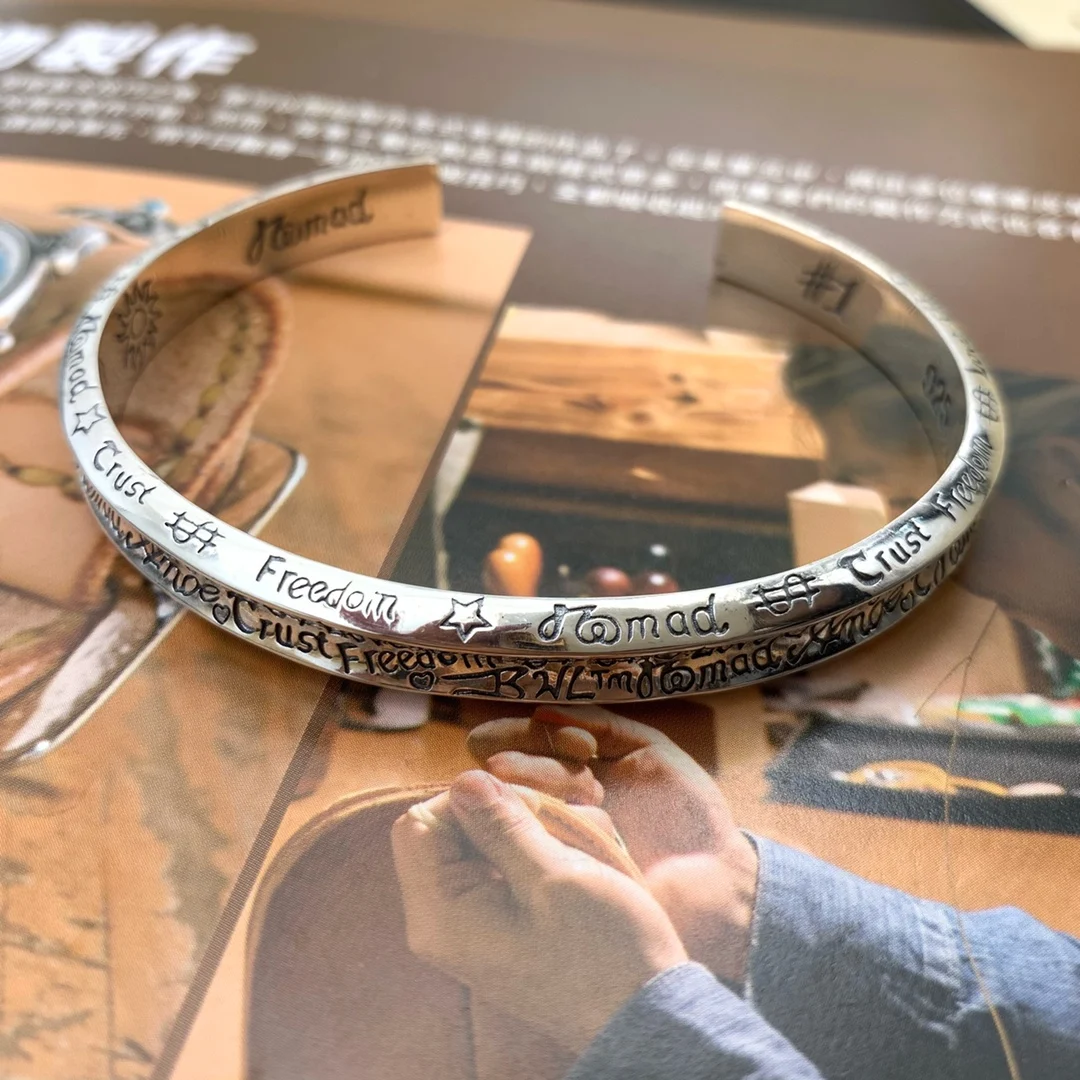 

S925 sterling silver bracelet fashion retro classic personality style graffiti opening shape jewelry for lover's gift