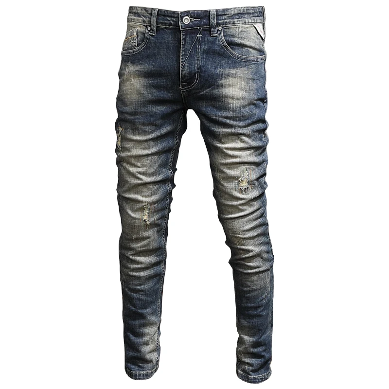Classic Vintage Distressed Ripped Jeans Men Cotton Slim Fit Retro Blue Denim Pants