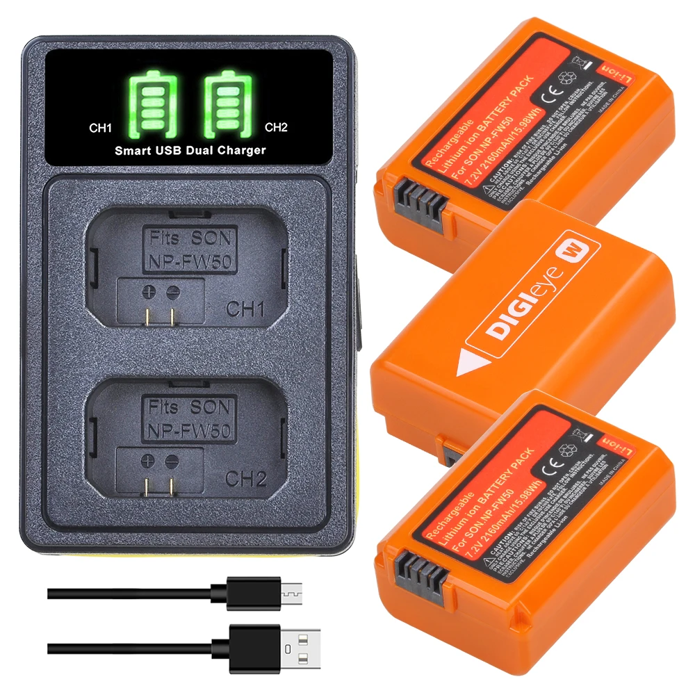 2160mAh NP-FW50 Battery + LED Dual Charger with Type C Port for Sony Alpha a6000 a6300 a6400 a6500 Alpha a7 a7II a7R a7RII