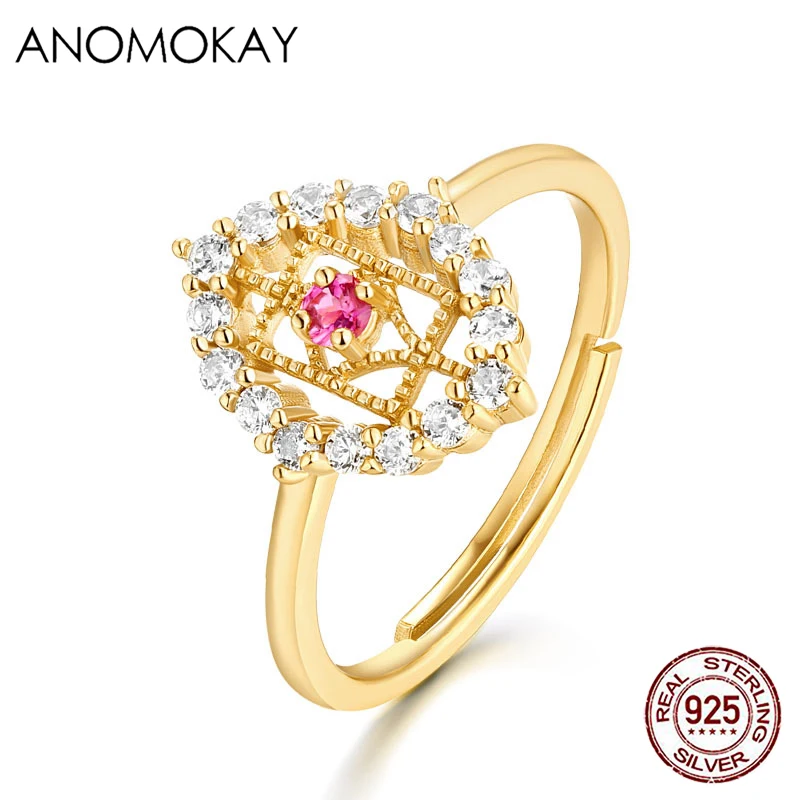 

Anomokay Romantic Hollow Oval Gold Color Rings with Rose Red CZ for Women Mom Lover 925 Sterling Silver Resizable Ring Jewelry