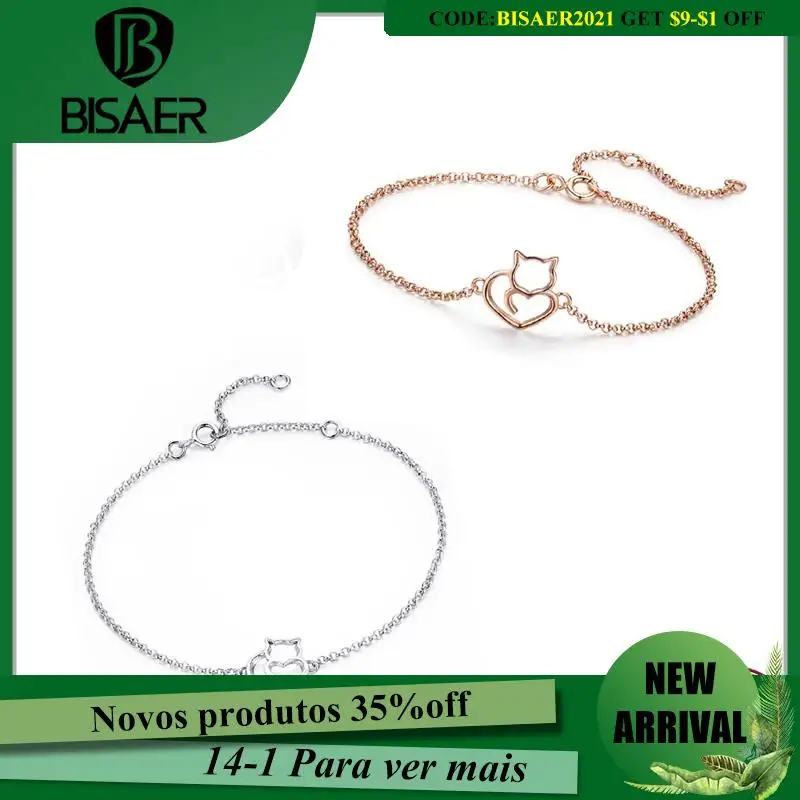 

BISAER Bracelets Genuine 100% 925 Sterling Silver Cut Cat Animal Minimalism Original Bracelet For Women Silver Jewelry HSB102