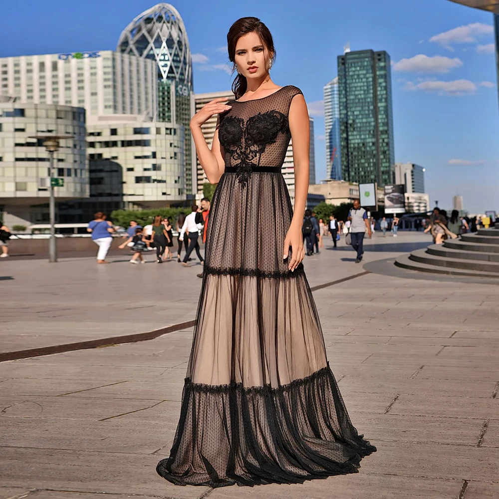 

Simple Black Tulle Illusion Evening Dress Floor Length Sleevless Party Gown For Woman Formal Vestido De Noche A Line 2021 New