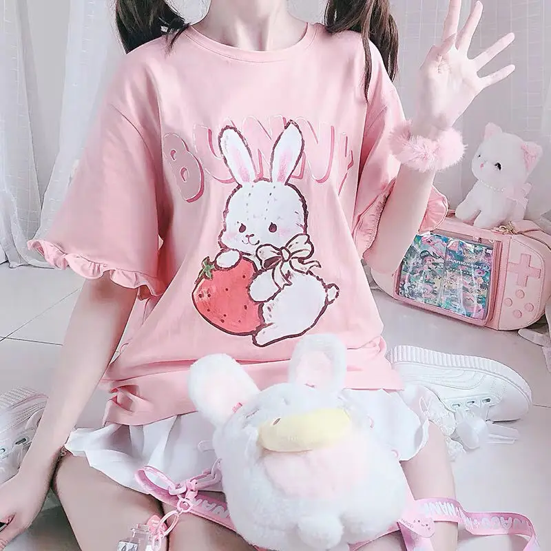 

Harajuku Cute Pink T-Shirt Women Hip Hop Cartoon Tshirt Streetwear Half Sleeve Kawaii Rabbit Printed Tees Casual Loose T Shirts