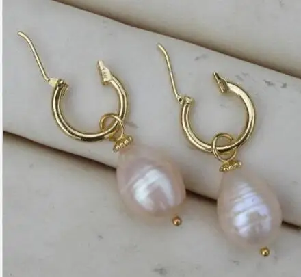 

free shipping>>>>noble jewelry huge AAA ++13x11MM pink BAROQUE PEARL DANGLE EARRING 14K/20 YELLOW GOLD hook