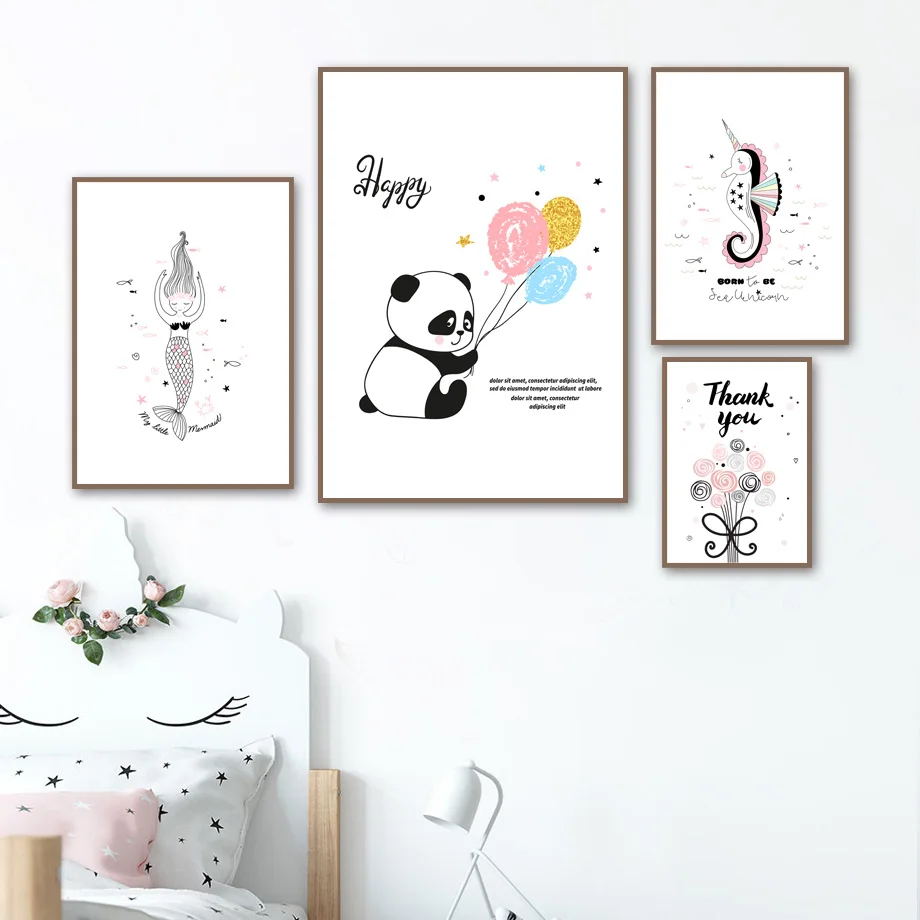 Декоративная картина мультяшная детская комната панда морская лошадь Русалка