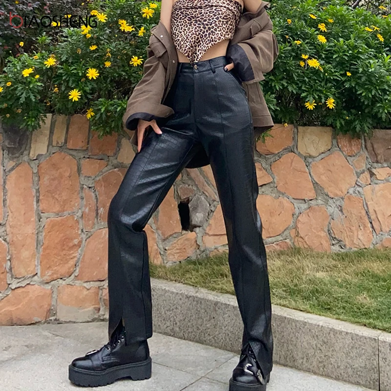 

Women's pants Black Faux Leather Pants Lady PU Loose Pencil Trousers Streetwear Fashion Elegant High Waist Straight Female Pants