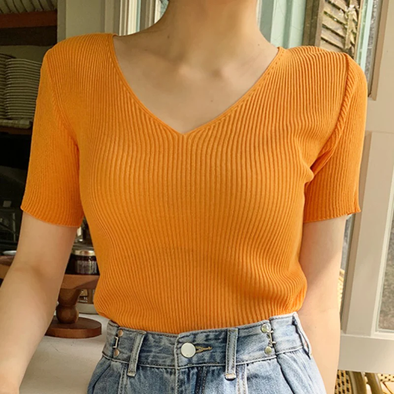 

Korean Chic Hyuna Style Shows White Temperament V-Neck Slim Slimming Sweet and Cool Hot Girl Short Knit Sweater Top Women