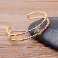 new arrival hollow double layer open cuff rainbow bangles copper zircon luxury evil eye bracelets bangles adjustable jewelry