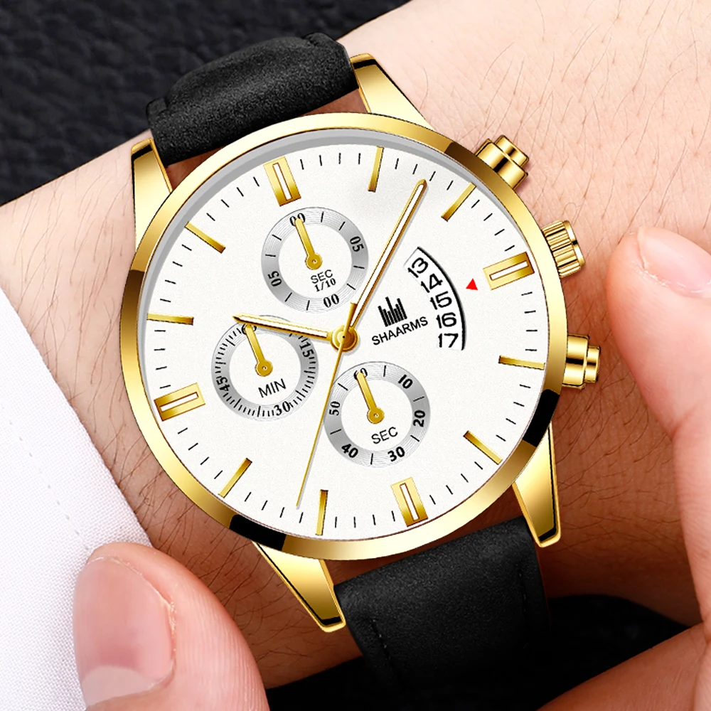 Мужские кожаные часы новая мода чехол из нержавеющей стали календарь кварцевые