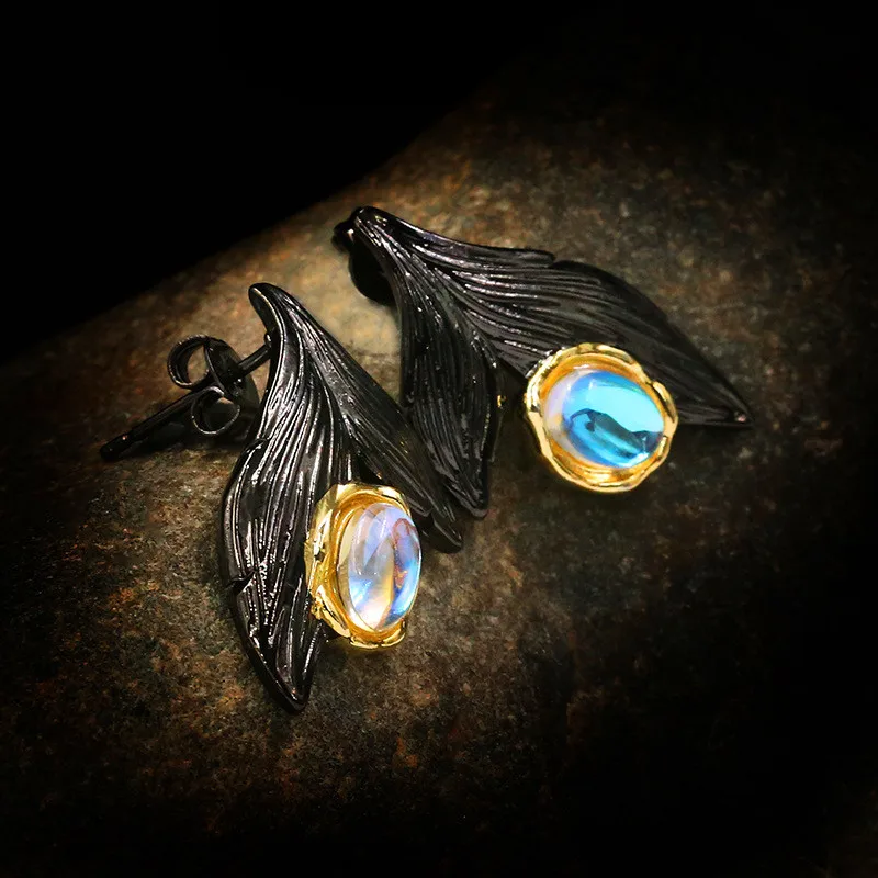 

Cute Female Oval Moonstone Earrings Vintage 14KT Black Gold Wedding Earrings For Women Small Fish Tail Stud Earrings