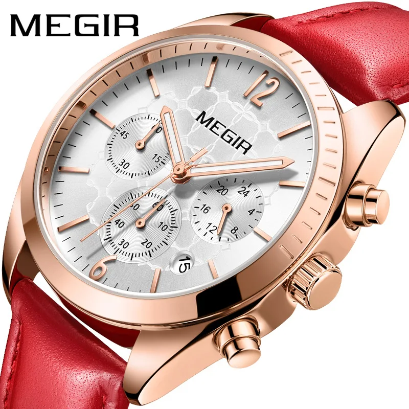 

MEGIR 2115 Women's Fashion All-match Multifunctional Quartz Chronograph Calendar Leather Band Women Dress Wristwatches