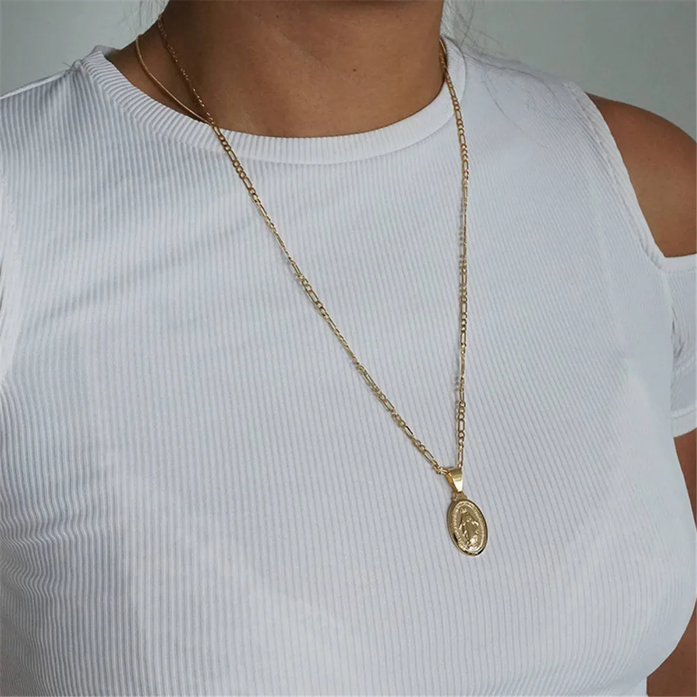 Золотистый медальон с монетами Девы Марии для женщин и мужчин длинное ожерелье