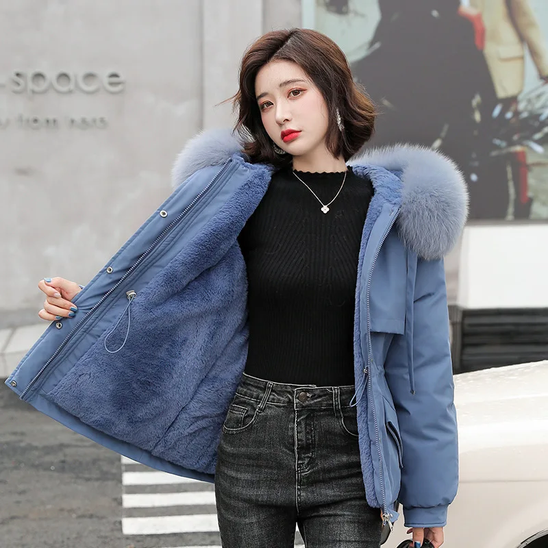 Autumn Winter Women Warm Hooded Parkas Windproof Thick Furry Collar Zipper Cotton Coats Solid Colors Plush Comfort Down Jacket