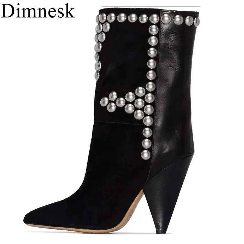 

Designer Spike Heel Chelsea Boots Women New Rivets Studded Party Boots Autumn Runway Suede Leather Patchwork Ankle Botas Female