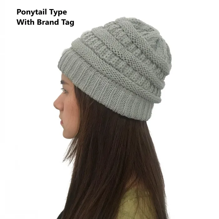 lightgray ponytail Женские зимние вязаные шапки, шерстяные теплые шапки, женские повседневные Шапки, одноцветные шапки-бини - Цвет: lightgray ponytail