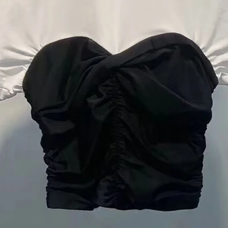 

Free Shipping Casual Knitting Black and White Stitching Pleated Women Summer Fashion T-shirt 2021New Women Summer T-shirt XL