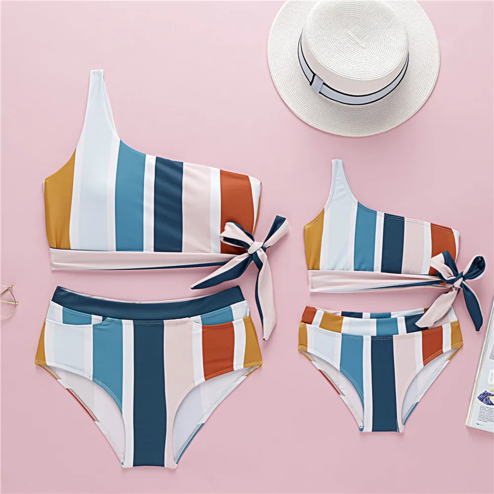 

2019 European and American New Parent-child Bathing Suit Mother-daughter Swimsuit with Single Shoulder Striped Bikini