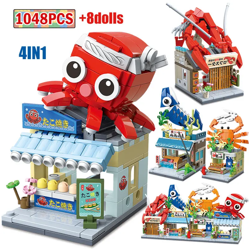 

4 in 1 City Street View Seafood Store Japanese Architecture Building Blocks Friends Shrimp Shop Figures Bricks Toys For Kids
