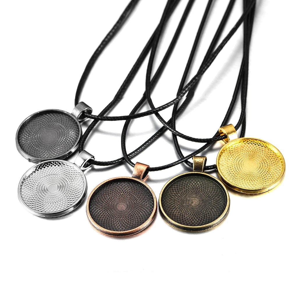 5Pcs/Lot 25mm Round Tray Pendant with Cord Settings Cabochons Bases Bezel Blank Trays for DIY Necklace Jewelry Making Supplies - купить по