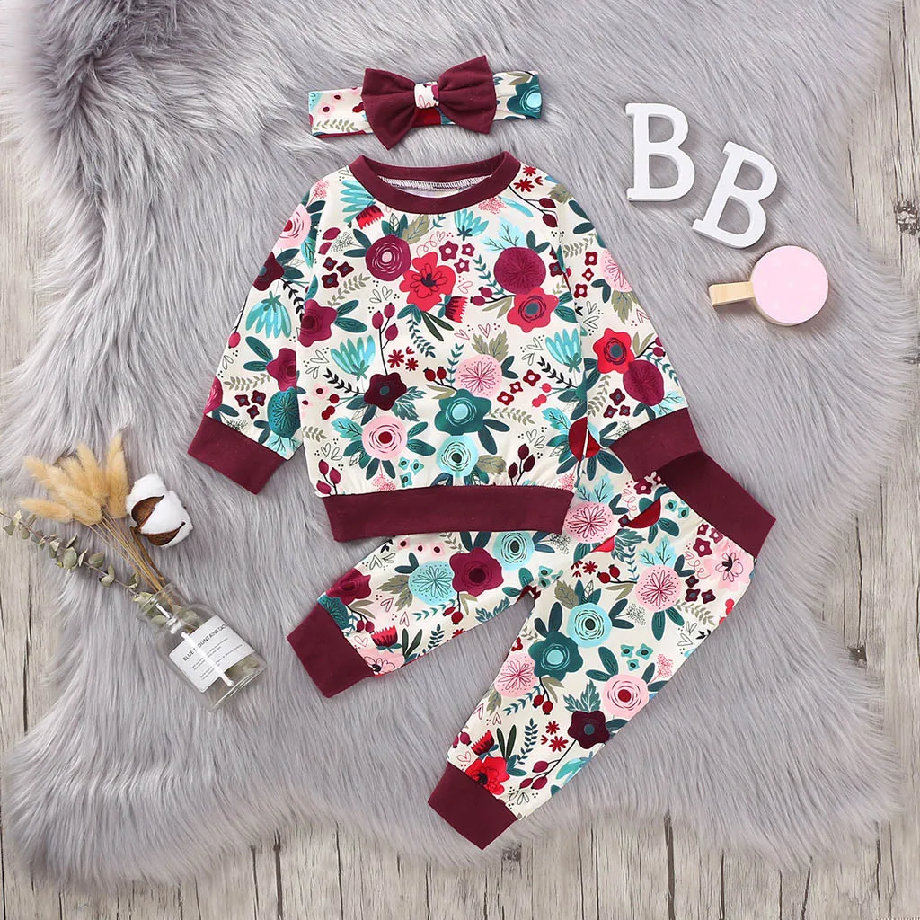 2020 Одежда для маленьких девочек рубашки с цветочным рисунком топы штаны Heandband