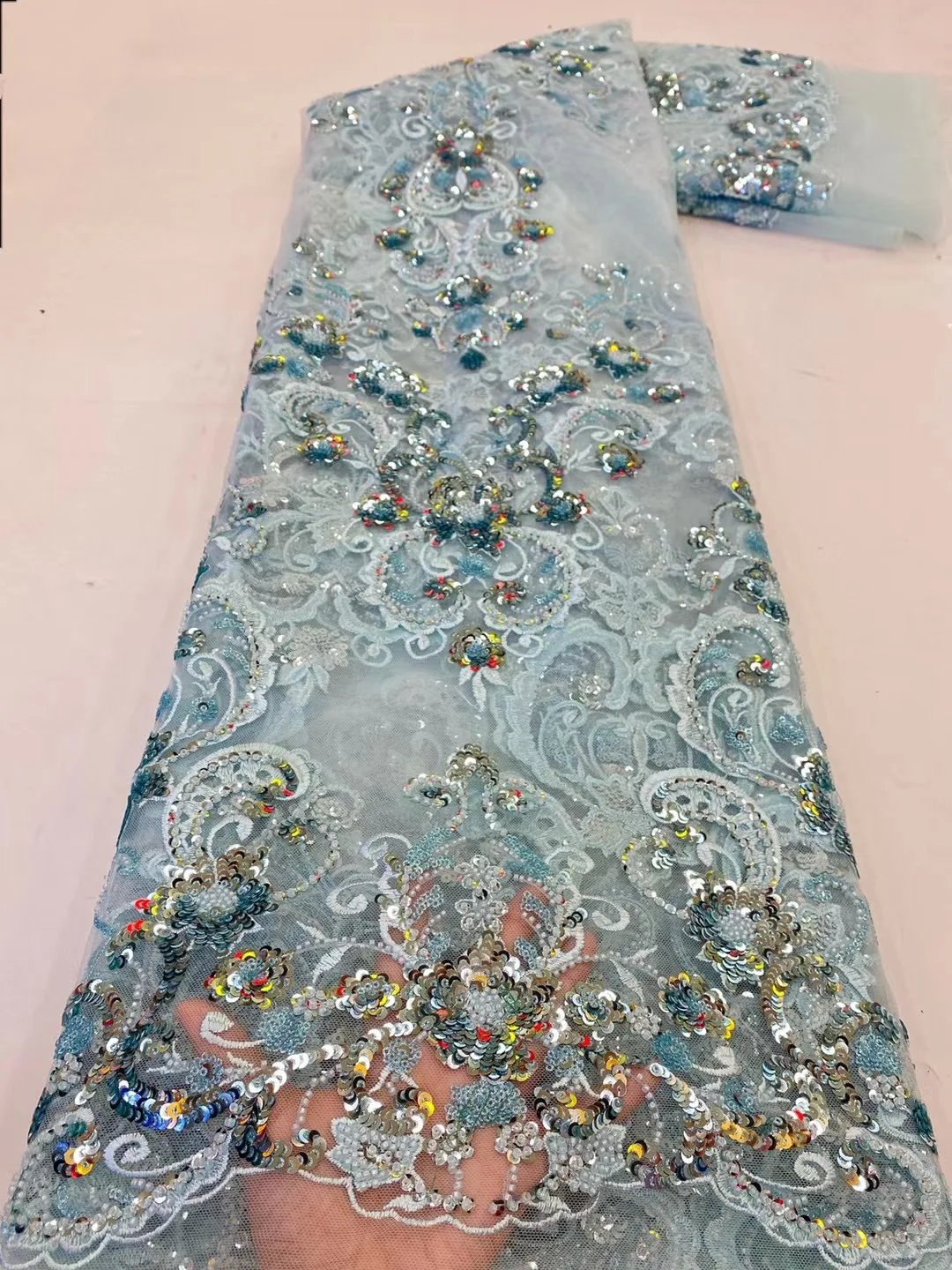 

High End Luxury Design French Net Beaded Guipure Cord Embroidery Lace Fabric with Sequins for Sewing Party Dresses By the Yard