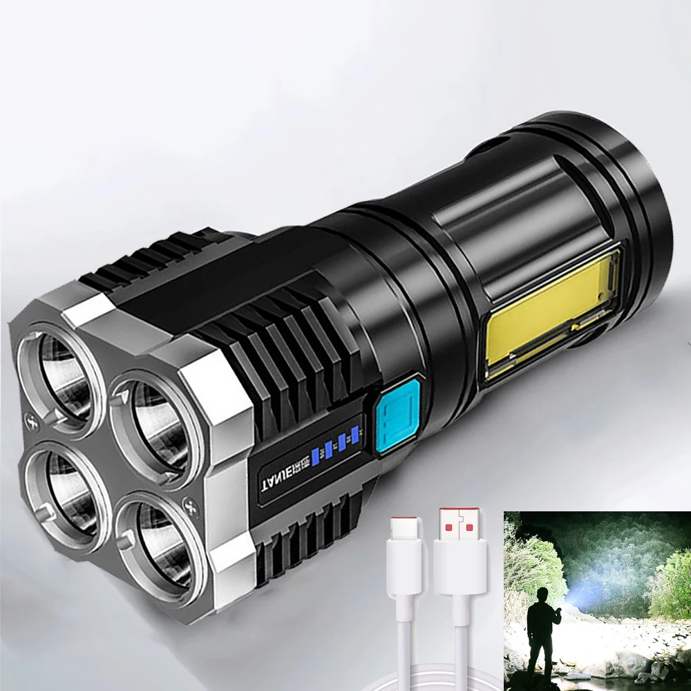 Фонарик высокой мощности с 4 светодиодами зарядка через USB уличный портативный