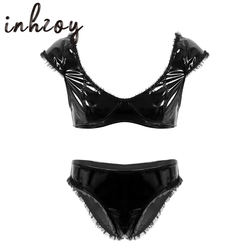 Мужской комплект белья "Sissy" черного цвета из лакированной кожи с лифчиком и трусиками для эротического кроссдрессинга горячего сексуального гея.