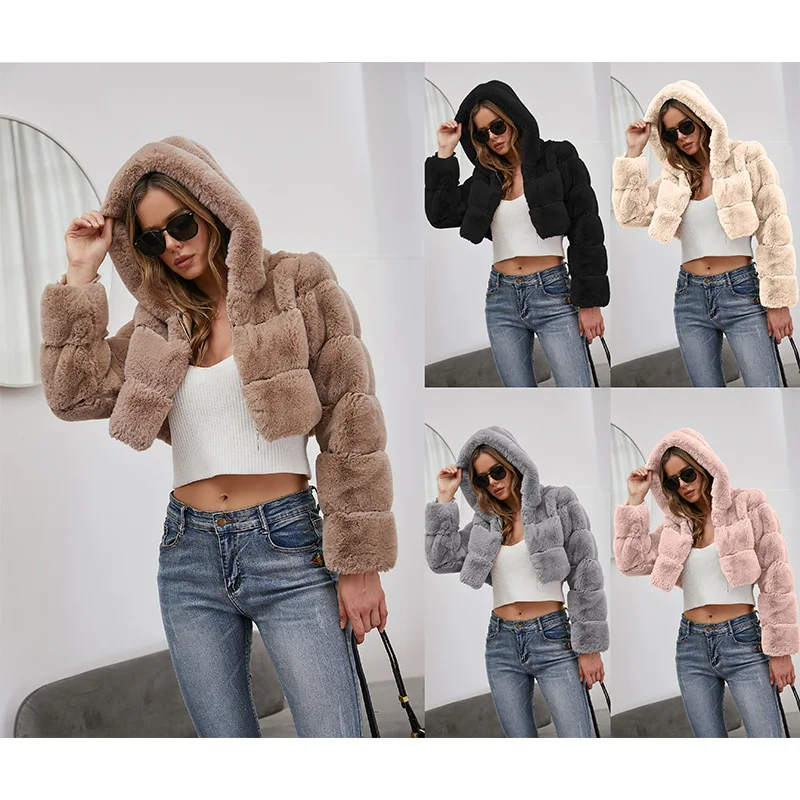 Fashion autumn and winter high quality artificial fox fur coat for women 2021 retro long sleeve hooded slim short jacket furry c