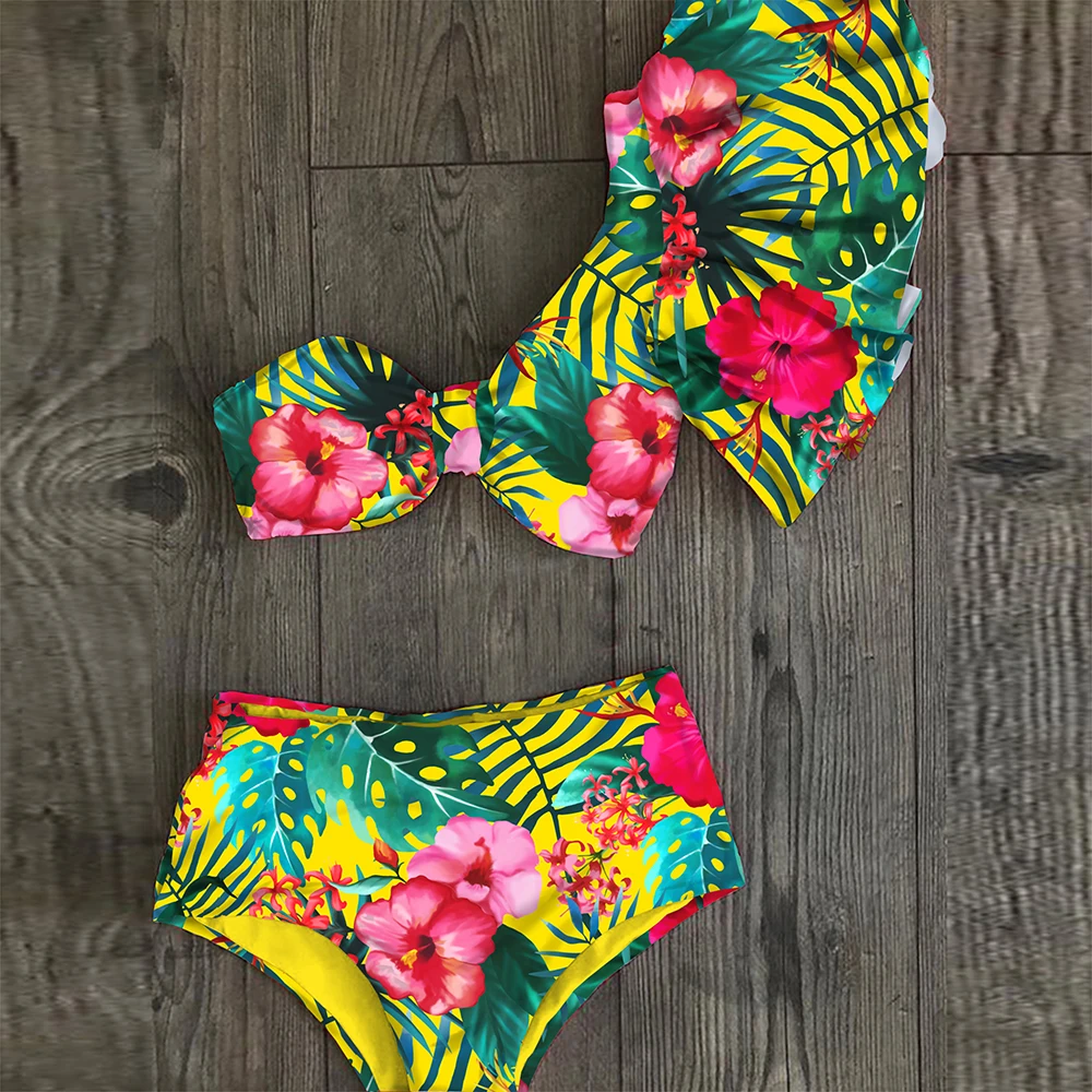 

One Shoulder Bikini Set 2021 Sexy Ruffle Swimwear Women Swimsuit High Waist Bathing Suit Beachwear Red Print Biquini female