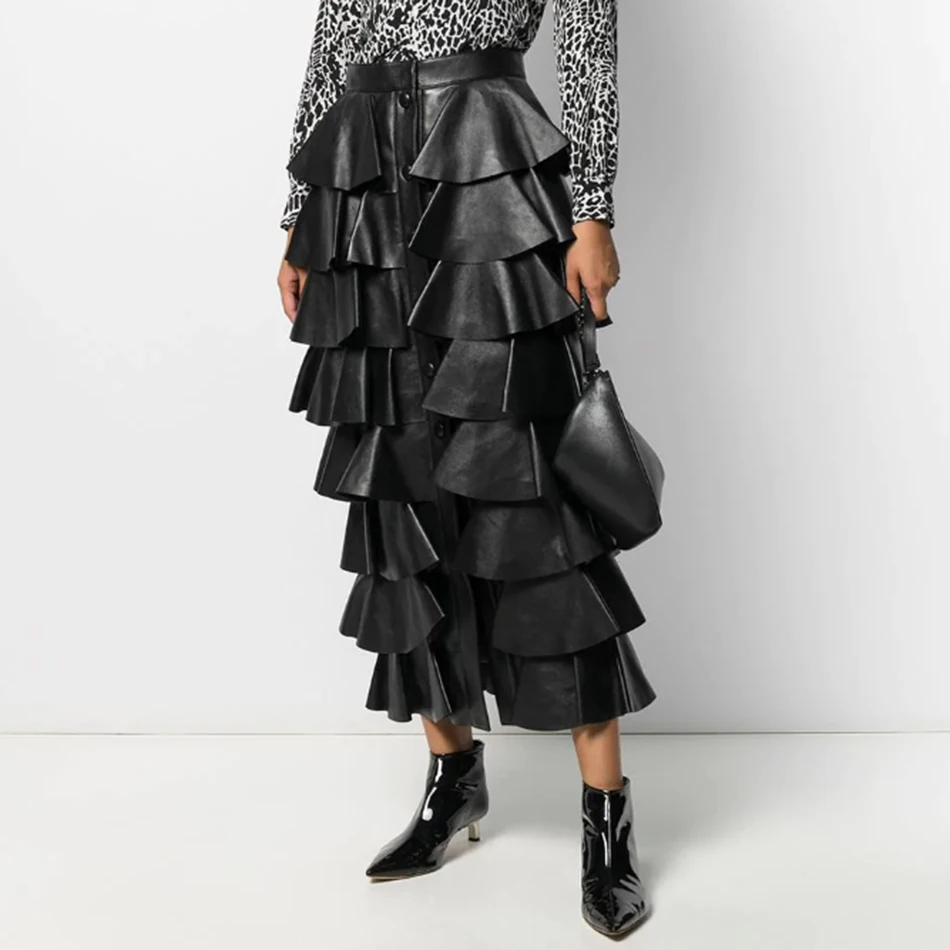 Женская юбка из ПУ кожи с оборками и высокой талией | одежда