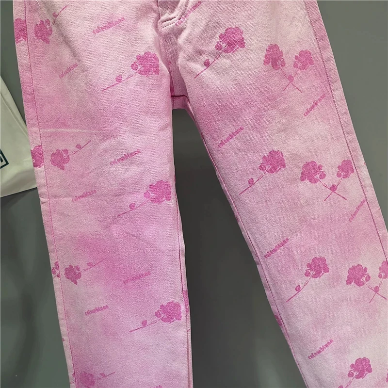 

CHICEVER Casual Print Pink Denim Pant For Women High Waist Full Length Straight Korean Loose Jeans Female Summer Fashion Stylish