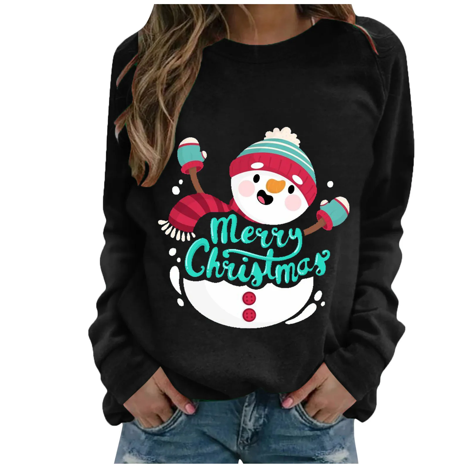 

Women's Sweatshirt Loose Women Merry Christmas Snowman Print Hooded Sweatshirts Loose Casual Kawaii Long Sleeve Pullover Tops