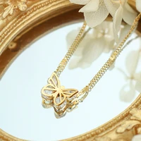 yaonuan new gold plated titanium steel clavicle chain double side butterfly zircon pendant necklace for women color preservation
