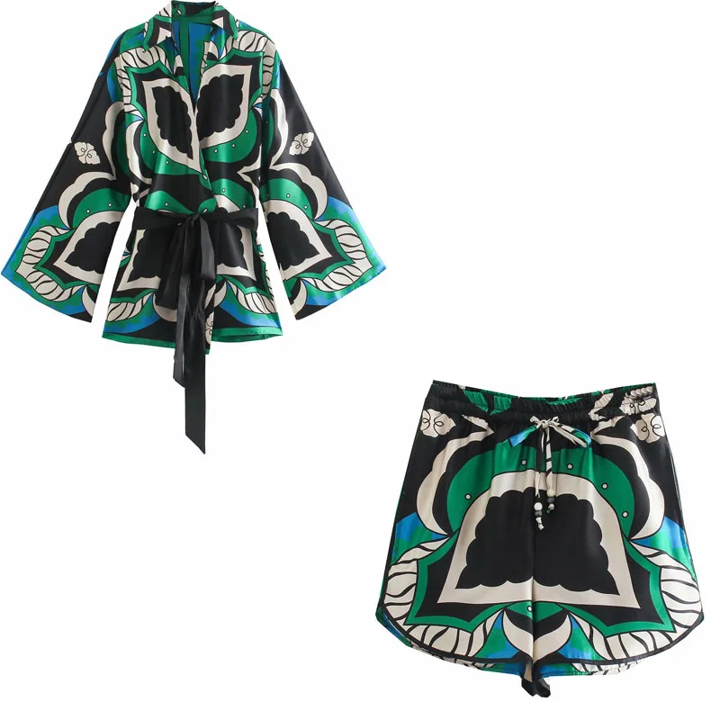 

Za Summer Bow-knot Formula Print Woman Shirt Wide Sleeves Lapel Waist Elastic Lacing Irregular Hem Short Pant Casual Shirt Suit