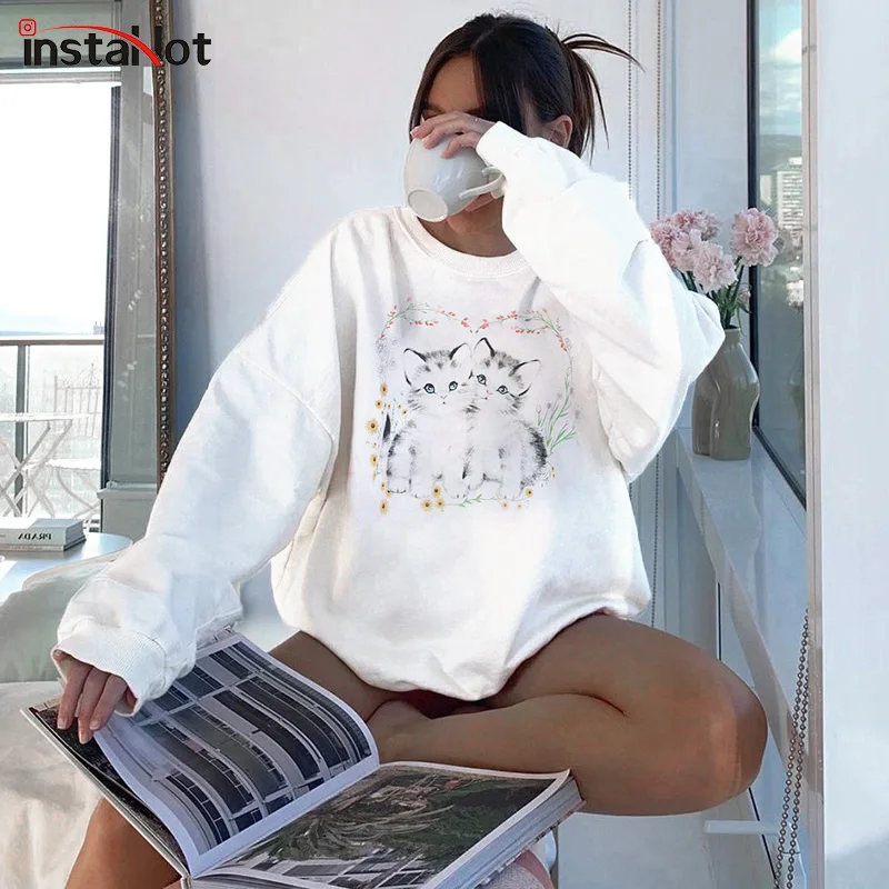 

Женский свитшот с капюшоном InstaHot, осенне-зимний хлопковый пуловер оверсайз с принтом кошек, свободная белая Повседневная Толстовка с кругл...