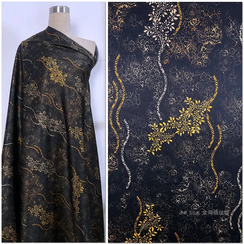 

1 Meter Heavy Silk Fabric Dress Cheongsam 25mme Satin Stretch Gold Silver Willow Twigs
